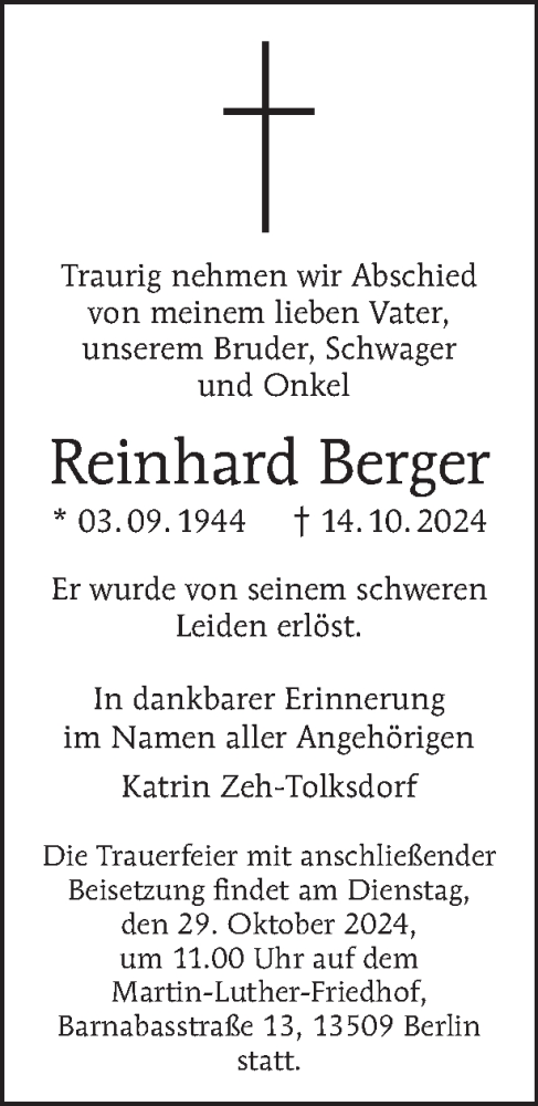 Traueranzeige von Reinhard Berger von Tagesspiegel