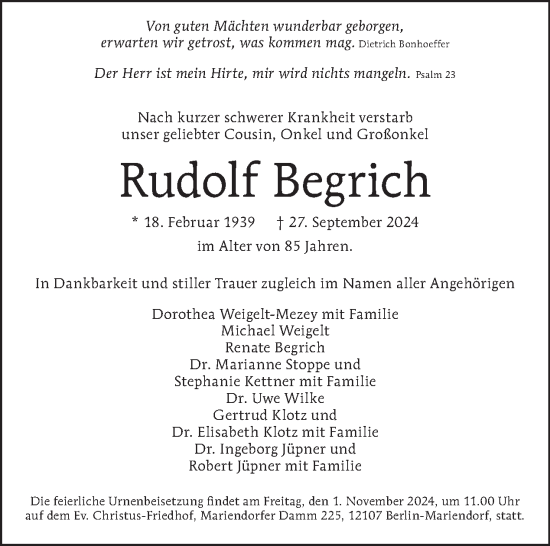 Traueranzeige von Rudolf Begrich von Tagesspiegel