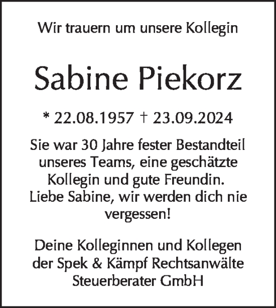 Traueranzeige von Sabine Piekorz von Tagesspiegel