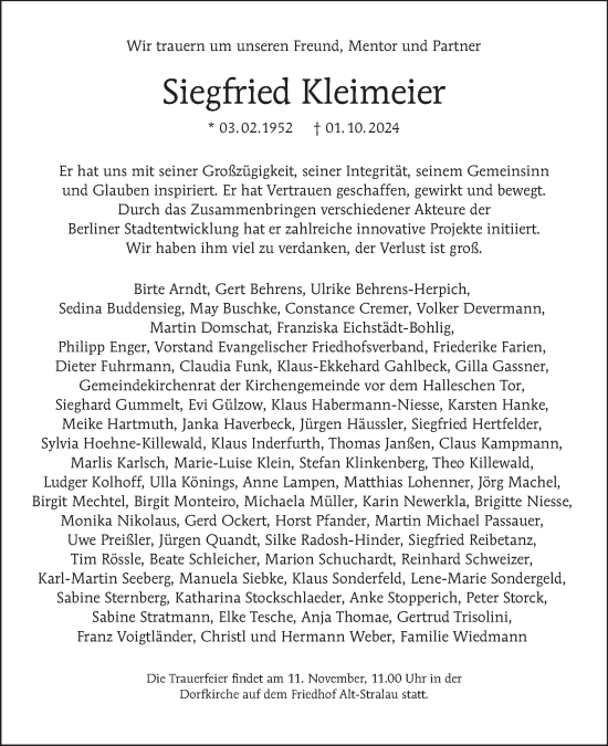 Traueranzeige von Siegfried Kleimeier von Tagesspiegel