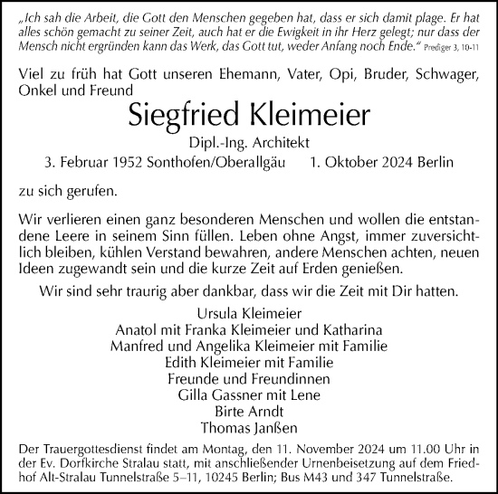 Traueranzeige von Siegfried Kleimeier von Tagesspiegel