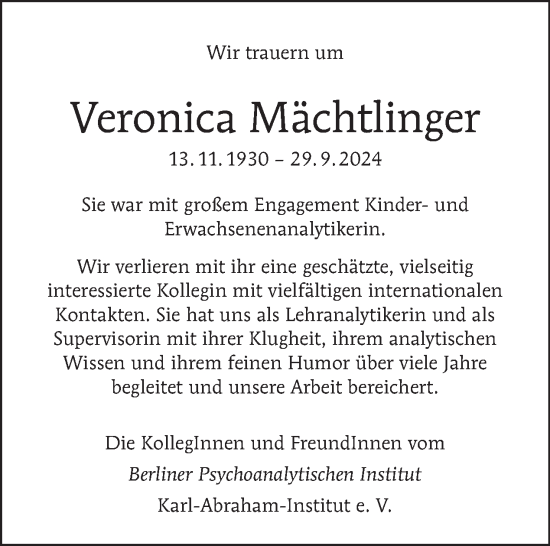 Traueranzeige von Veronica Mächtlinger von Tagesspiegel