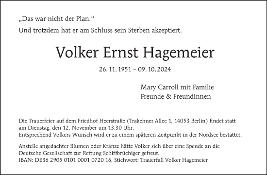 Traueranzeige von Volker Ernst Hagemeier von Tagesspiegel