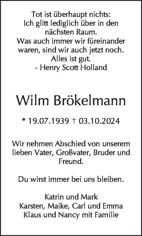 Traueranzeige von Wilm Brökelmann von Tagesspiegel