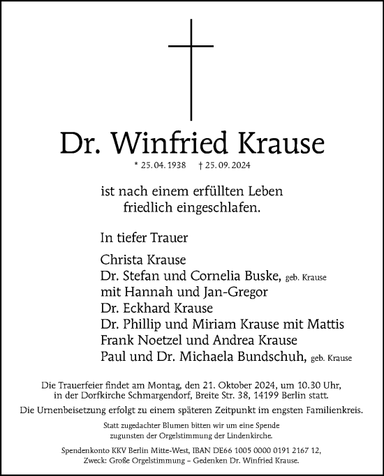 Traueranzeige von Winfried Krause von Tagesspiegel