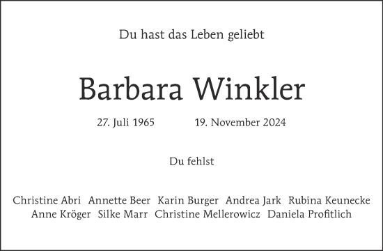 Traueranzeige von Barbara Winkler von Tagesspiegel