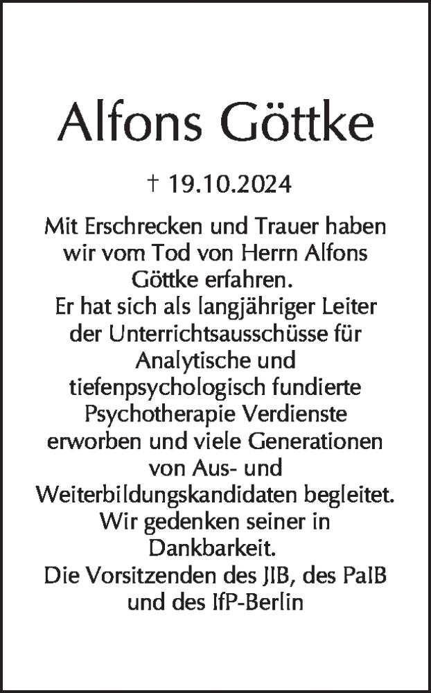  Traueranzeige für Alfons Göttke vom 02.11.2024 aus Tagesspiegel