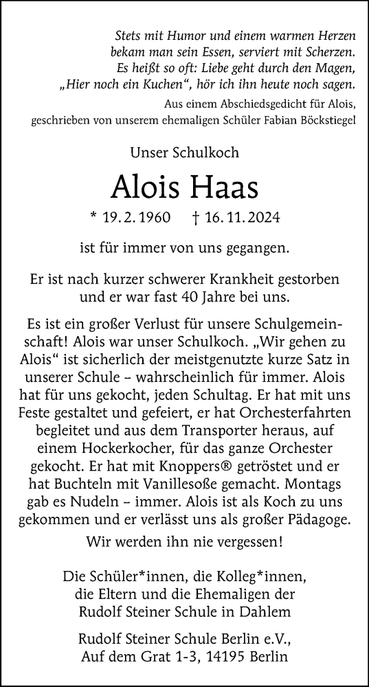 Traueranzeige von Alois Haas von Tagesspiegel