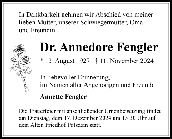 Traueranzeige von Annedore Fengler von Tagesspiegel