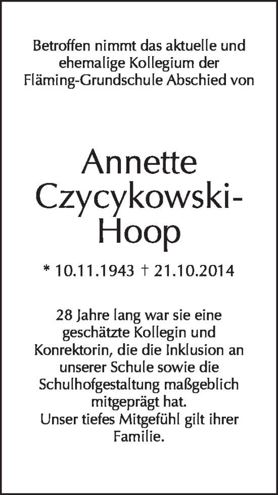 Traueranzeige von Annette Czycykowski-Hoop von Tagesspiegel