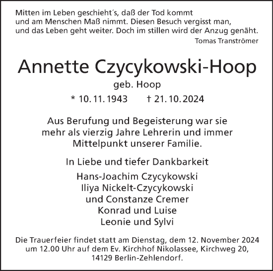 Traueranzeige von Annette Czycykowski-Hoop von Tagesspiegel