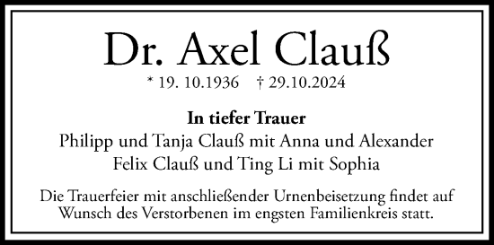 Traueranzeige von Axel Clauß von Tagesspiegel