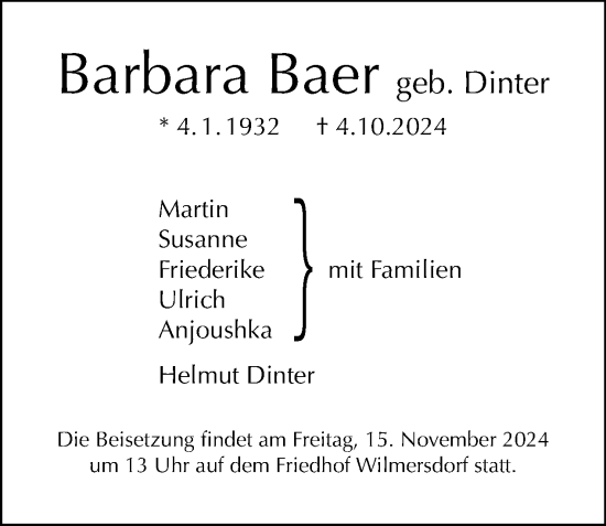 Traueranzeige von Barbara Baer von Tagesspiegel