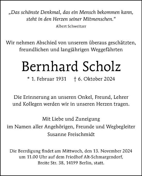 Traueranzeige von Bernhard Scholz von Tagesspiegel