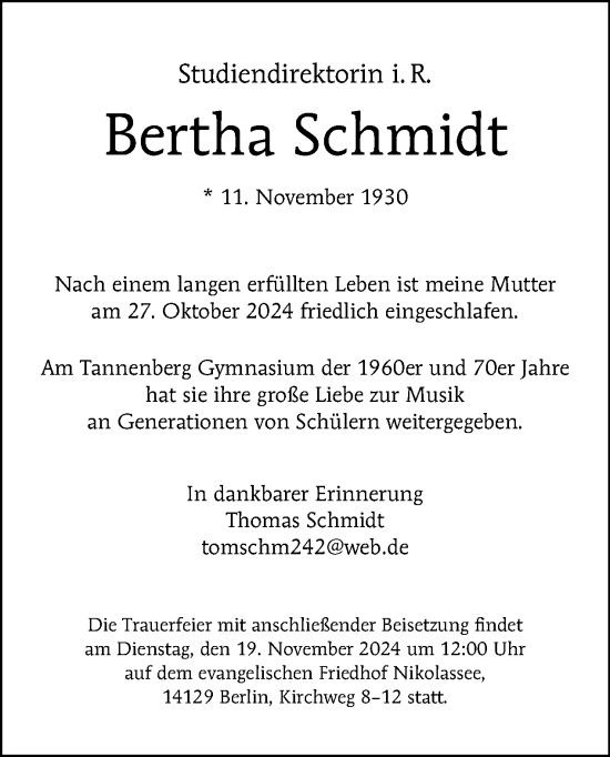 Traueranzeige von Bertha Schmidt von Tagesspiegel