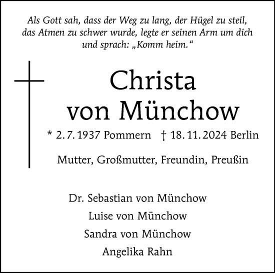 Traueranzeige von Christa von Münchow von Tagesspiegel