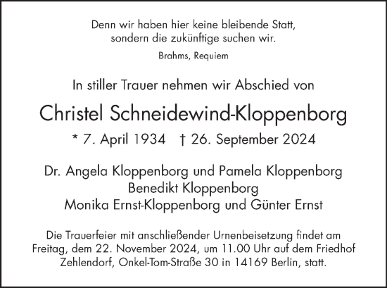 Traueranzeige von Christel Schneidewind-Kloppenborg von Tagesspiegel