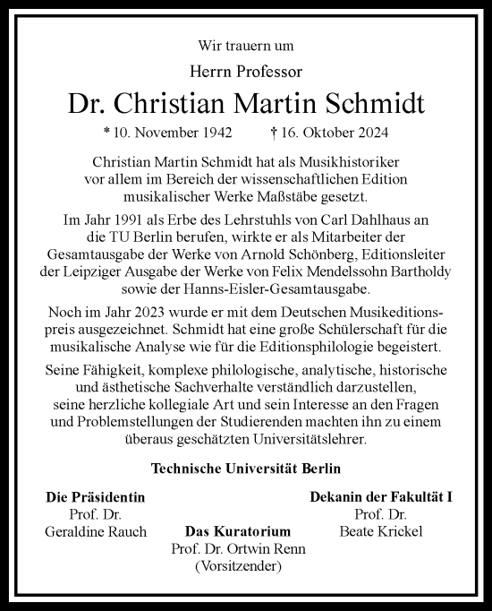 Traueranzeige von Christian Martin Schmidt von Tagesspiegel