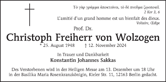 Traueranzeige von Christoph  Freiherr von Wolzogen von Tagesspiegel