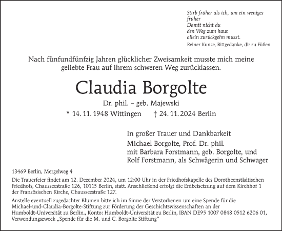 Traueranzeige von Claudia Borgolte von Tagesspiegel