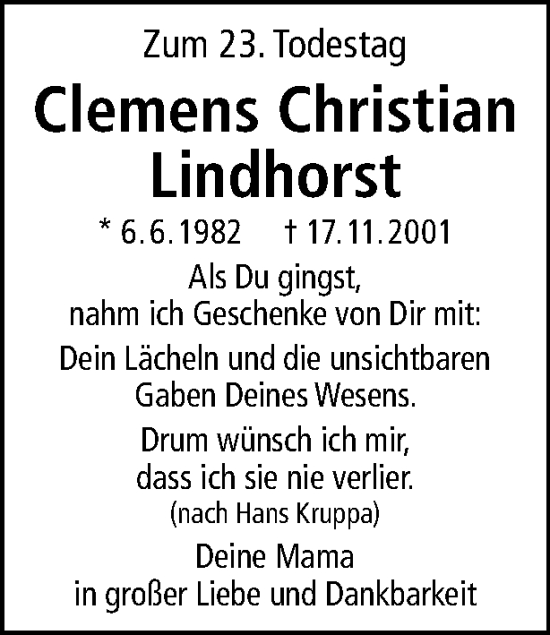 Traueranzeige von Clemens Christian Lindhorst von Tagesspiegel