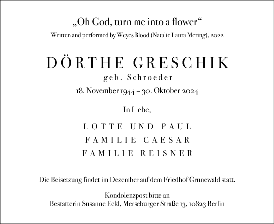 Traueranzeige von Dörthe Greschik von Tagesspiegel