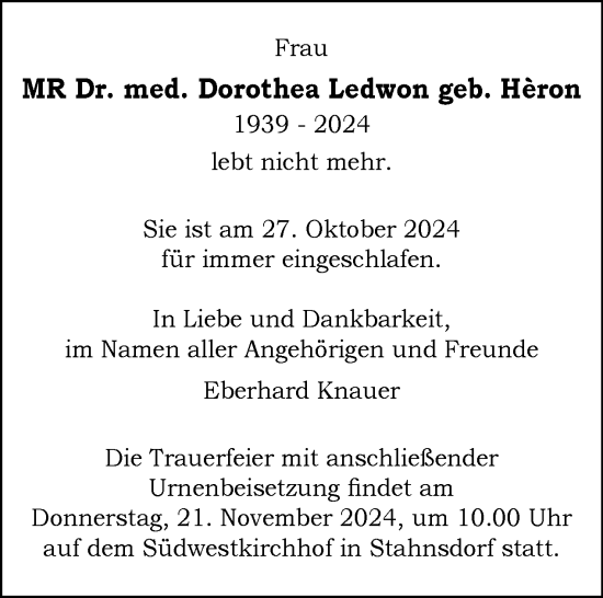 Traueranzeige von Dorothea Ledwon von Tagesspiegel