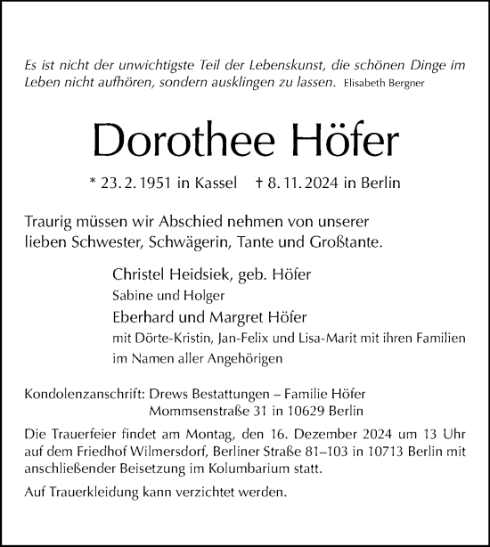 Traueranzeige von Dorothee Höfer von Tagesspiegel