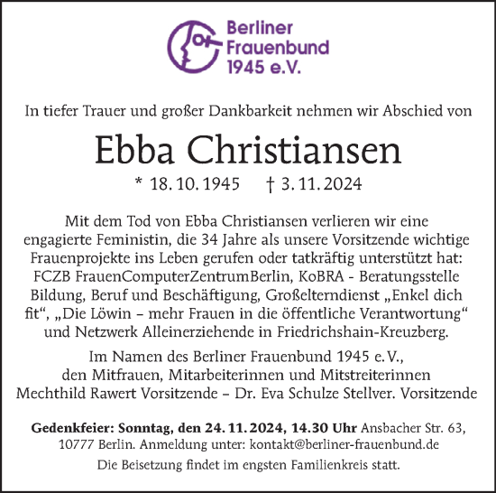 Traueranzeige von Ebba Christiansen von Tagesspiegel