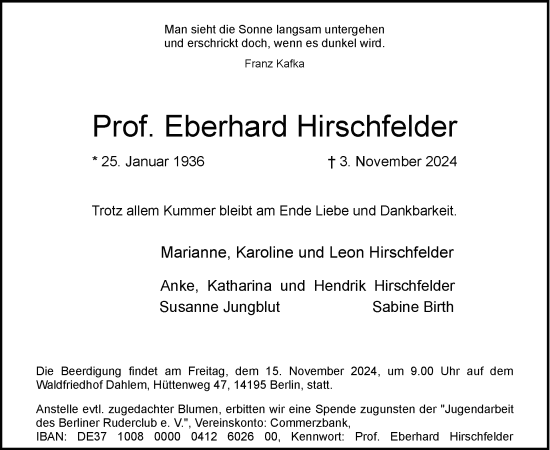 Traueranzeige von Eberhard Hirschfelder von Tagesspiegel