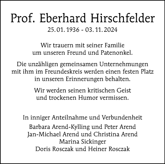 Traueranzeige von Eberhard Hirschfelder von Tagesspiegel