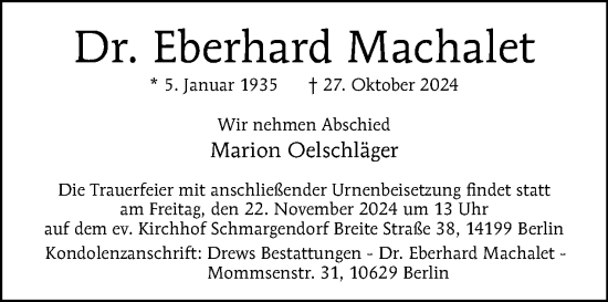 Traueranzeige von Eberhard Machalet von Tagesspiegel