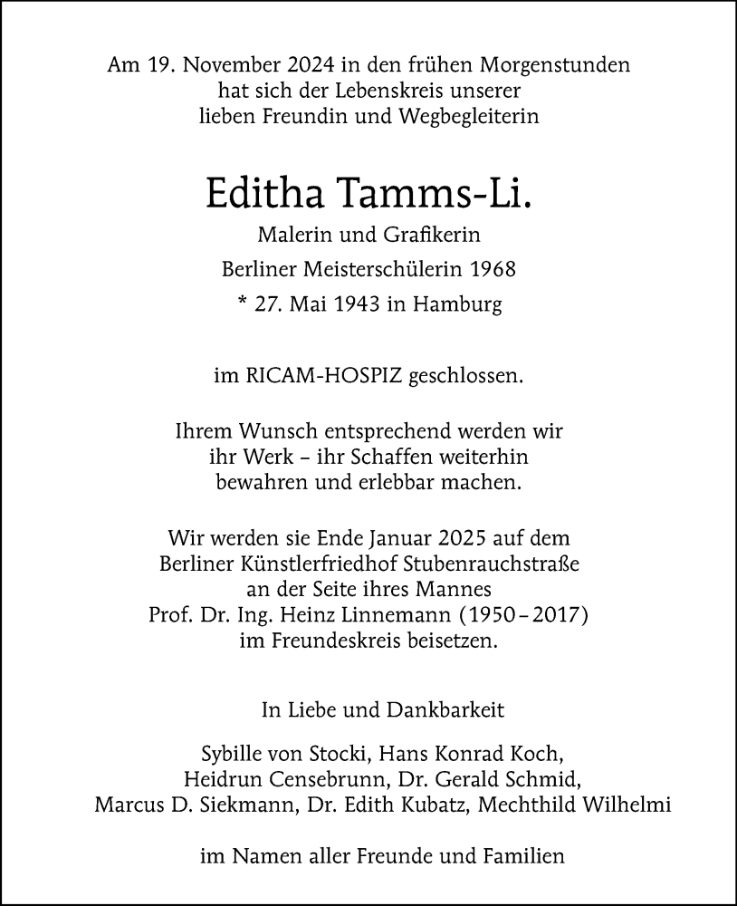  Traueranzeige für Editha Tamms-Li. vom 30.11.2024 aus Tagesspiegel