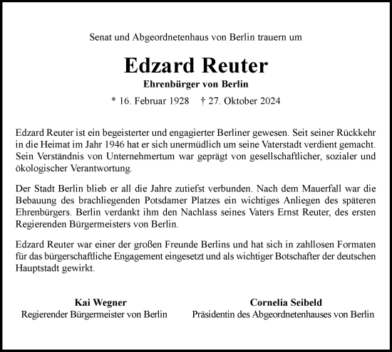 Traueranzeige von Edzard Reuter von Tagesspiegel