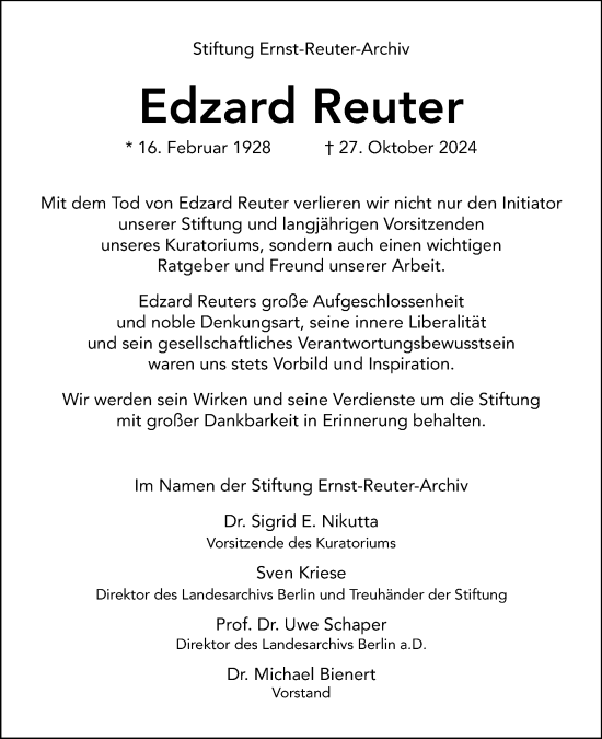 Traueranzeige von Edzard Reuter von Tagesspiegel