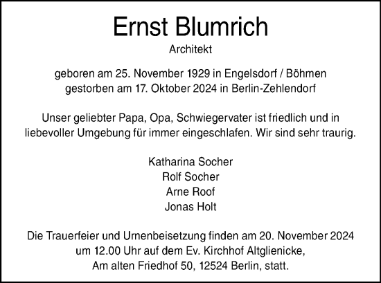 Traueranzeige von Ernst Blumrich von Tagesspiegel