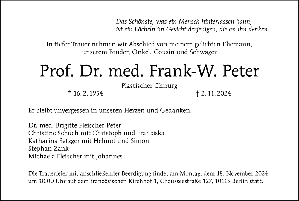  Traueranzeige für Frank-W. Peter vom 09.11.2024 aus Tagesspiegel