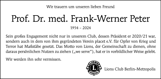 Traueranzeige von Frank-Werner Peter von Tagesspiegel