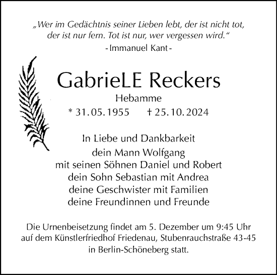 Traueranzeige von Gabriele Reckers von Tagesspiegel