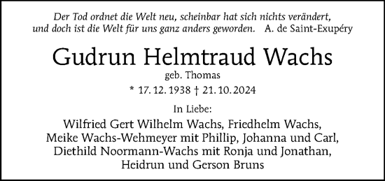 Traueranzeige von Gudrun Helmtraud Wachs von Tagesspiegel