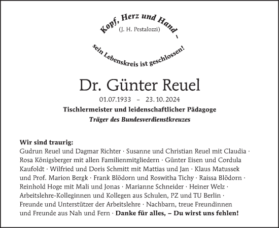 Traueranzeige von Günter Reuel von Tagesspiegel