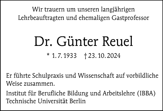 Traueranzeige von Günter Reuel von Tagesspiegel