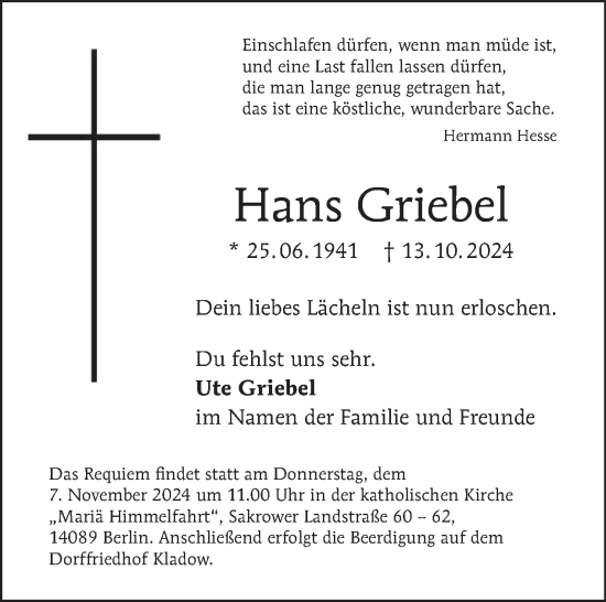 Traueranzeige von Hans Griebel von Tagesspiegel