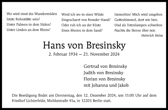 Traueranzeige von Hans von Bresinsky von Tagesspiegel