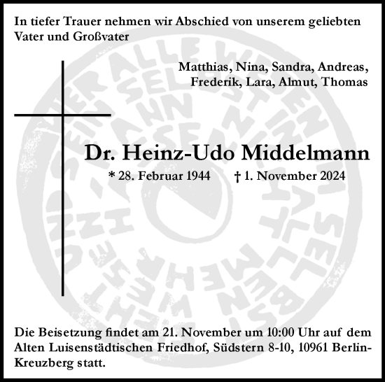 Traueranzeige von Heinz-Udo Middelmann von Tagesspiegel