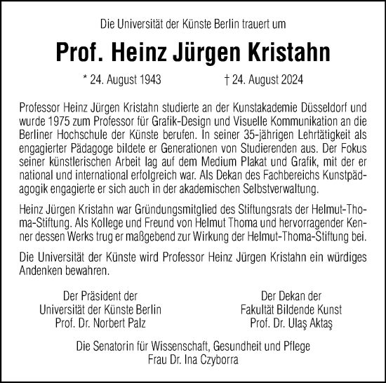 Traueranzeige von Heinz Jürgen Kristahn von Tagesspiegel