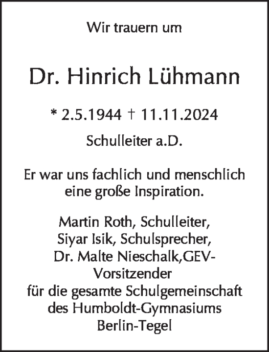 Traueranzeige von Hinrich Lühmann von Tagesspiegel