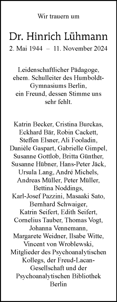 Traueranzeige von Hinrich Lühmann von Tagesspiegel
