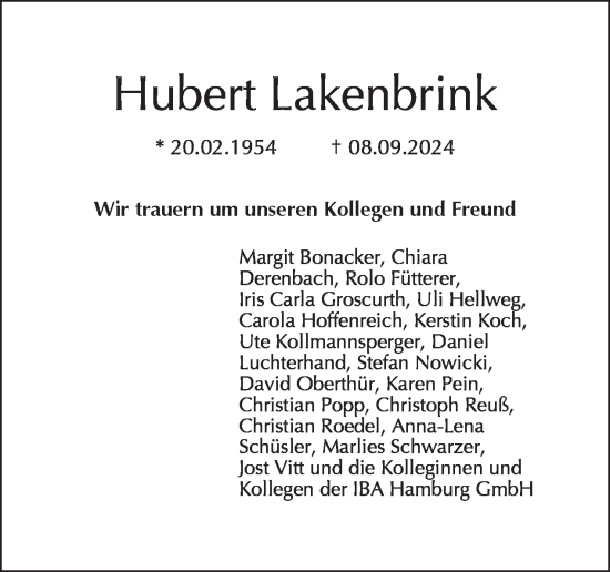 Traueranzeige von Hubert Lakenbrink von Tagesspiegel