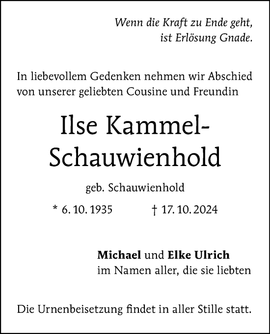 Traueranzeige von Ilse Kammel-Schauwienhold von Tagesspiegel